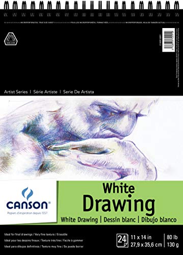 Canson Artist Series Drawing Paper, Wirebound Pad, 11x14 inches, 24 Sheets (80lb/130g) - Artist Paper for Adults and Students - Charcoal, Colored Pencil, Ink, Pastel, Marker - size: 11x14, style: White Drawing