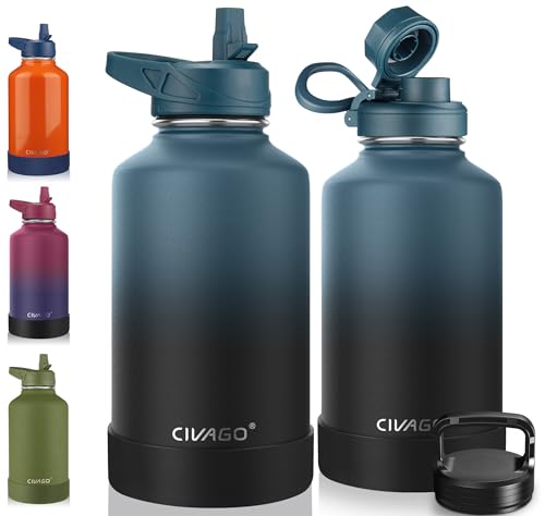 CIVAGO 64 oz Insulated Water Bottle With Straw, Half Gallon Stainless Steel Sports Water Flask Jug with 3 Lids (Straw, Spout and Handle Lid), Large Metal Thermal Cup Mug, Indigo Black - color: .Indigo Black, size: 64 Ounces