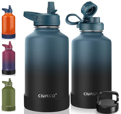 CIVAGO 64 oz Insulated Water Bottle With Straw, Half Gallon Stainless Steel Sports Water Flask Jug with 3 Lids (Straw, Spout and Handle Lid), Large Metal Thermal Cup Mug, Indigo Black - color: .Indigo Black, size: 64 Ounces