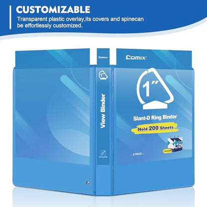 COMIX Sturdy 1 Inch Binders 3 Ring with Clear View Cover, 1" Slant-D Ring View Binder Holds 225 Sheets of US Letter Size Paper, 6 Pack (Light Blue) - color: Light Blue, size: 1 inch