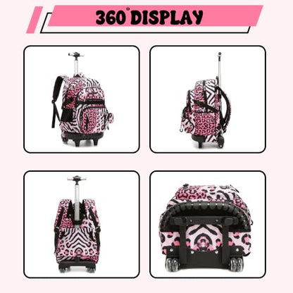Meetbelify Rolling Backpack for Girls Boys Backpacks with Wheels Kids Carry on Luggage for Girls Boys - color: Pink Black
