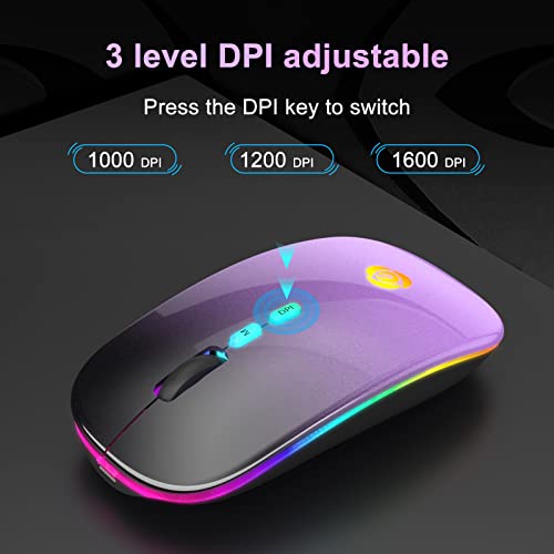 LED Wireless Mouse, Bluetooth Mouse &2.4GHz Instant Connection,Rechargeable Ultra Silent Slim,3 DPI 2 Connection Modes with USB-C to USB Adapter for Laptop/MacBook/PC/Tablet/iPad (Black-purple) | Bluetooth mouse with 2.4GHz USB receiver, silent slim desig
