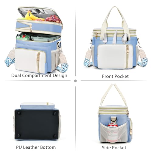 LOKASS Lunch Box for Women/Men-16L-Insulated Lunch Bag, Expandable Double-layer Leakproof Cooler Bag with Upgrade Adjustable Shoulder Strap Ideal for Work/Travel/Picnics（Sky Blue） - color: Sky Blue