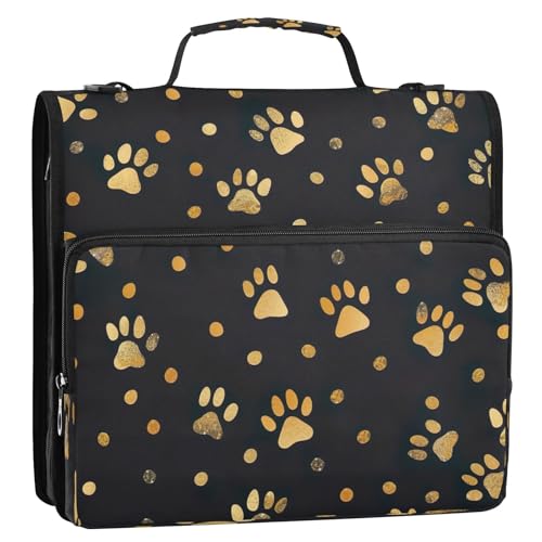 Gold Paw Prints Zipper Binder 3 Ring with Shoulder Strap and Handle Multiple Pockets Expanding File Folder Organizer