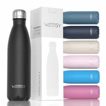 WATERSY Stainless Steel water bottles,17oz/500ml Insulated Water Bottles,Black metal water bottle Keeps Drink Cold and Hot,BPA Free kids water bottles for School,Gym,Travel,Sports - color: Black