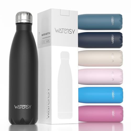 WATERSY Stainless Steel water bottles,17oz/500ml Insulated Water Bottles,Black metal water bottle Keeps Drink Cold and Hot,BPA Free kids water bottles for School,Gym,Travel,Sports - color: Black