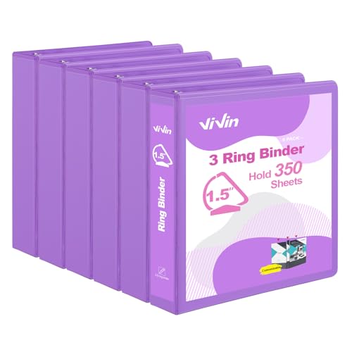ViVin 튼튼한 3.8cm(1.5인치) 3링 바인더, 포켓 포함, 슬랜트 D 링, PVC 프리, 맞춤형 클리어 뷰 바인더, 21.6 x 27.9cm(8.5 x 11인치) 용지 350장 보관, 6팩 (퍼플) - color: 핑크, size: 1.5인치