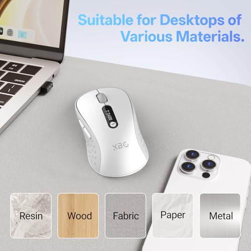 XBG B15pro Wireless Bluetooth Mouse, Bluetooth 5.0/4.0 & 2.4G Tri-Mode, Type-C Rechargeable with LED Screen Display, Ergonomic Silent Click for Laptop/PC/Tablet, Multi-Device & Office Use-White - style: B15 Pro-White