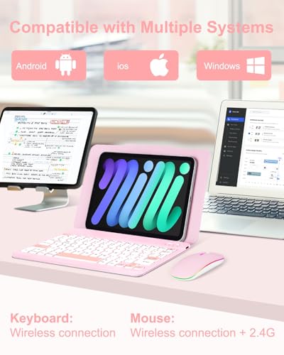 EAMPANG Universal Bluetooth Keyboard and Case for Tablet/Phone/Laptop,Wireless Portable Slim Keypad and Mice Rechargeable with Adjustable Bracket for iPad A16/Mini/Air/iPhone/Galaxy Z Fold Pink - color: Pink