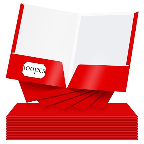 Seajan 100 Pack Folder with 2 Pocket Glossy Laminated Letter Size Paper Folder with Pocket Bulk Paper Portfolios for School, Teacher, College, Office (Red) - color: Red