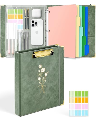Ovesmusl 1 Inch 3 Ring Binder with Clipboard Leather Round Ring Binder with 5 Dividers, Plastic Folder, 400 Divider Stikers, Fits 175 Sheets 8.5"x11" Letter Size Paper - color: Green Flower