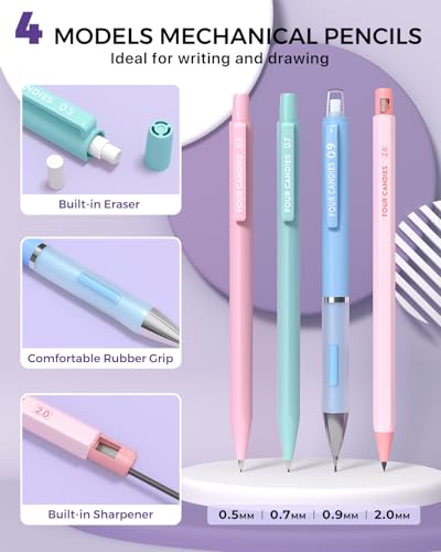 Four Candies 36PCS Mechanical Pencil Set with 624 Lead Refills (Blue) | 0.5mm - 2.0mm Mechanical Pencils, Aesthetic School Supplies for Writing, Drawing, Drafting , Note-Taking & Back to School - color: Blue