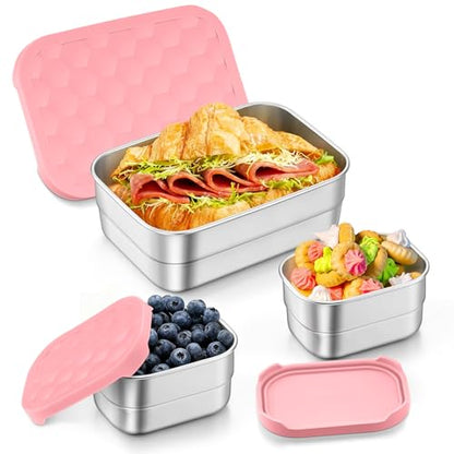 TeamFar Stainless Steel Lunch Box, Food Snack Storage Bento Containers with Silicone Lids for Kids Adults to School Work, Kids Friendly & Dishwasher Safe, Leak-Proof & Easy Open, 25OZ + 8OZ*2 (Pink) - color: Pink