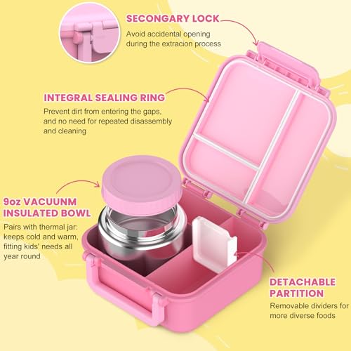 JOOPETALK Bento Lunch Box Set for Kids with 9oz Soup Thermo, Insulated Lunch Bag,Leak-proof BPA-free Lunch Food Container with 3-4 Conpartments for School Travel-Pink