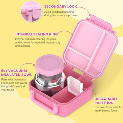 JOOPETALK Bento Lunch Box Set for Kids with 9oz Soup Thermo, Insulated Lunch Bag,Leak-proof BPA-free Lunch Food Container with 3-4 Conpartments for School Travel-Pink