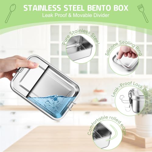 TeamFar Stainless Steel Bento Box, 28oz/850ML Small Metal Lunch Box | Lunch Container for Adults / Kids, for Home/School/Office/Travel, With 2 Removable Dividers, Leak-Proof & Dishwasher Safe - size: 850ML