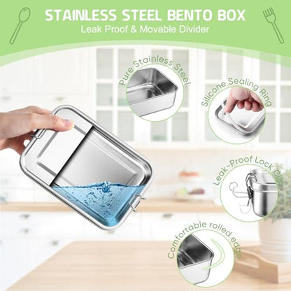 TeamFar Stainless Steel Bento Box, 28oz/850ML Small Metal Lunch Box | Lunch Container for Adults / Kids, for Home/School/Office/Travel, With 2 Removable Dividers, Leak-Proof & Dishwasher Safe - size: 850ML