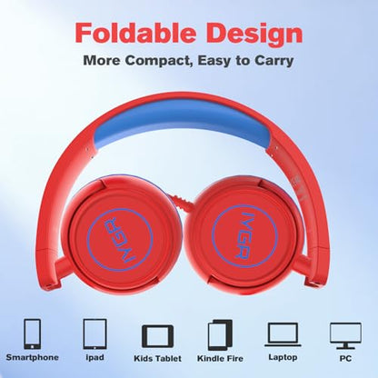 K6C Kids Headphones with USB-C, for Toddler & Kids Ages 2-12, 85dB Safe Volume Limited, Adjustable Headband & Foldable Wired, On-Ear Headphones for School, Travel, Tablet, iPad - color: Red