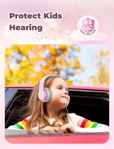 iClever Kids Headphones for School/Travel with Safe Volume 85dBA, HS19S Stereo Sound Over-Ear Girls Boys Headphones for Kids, Foldable 3.5mm Wired Headphone for iPad/Computer - color: A Pink Star