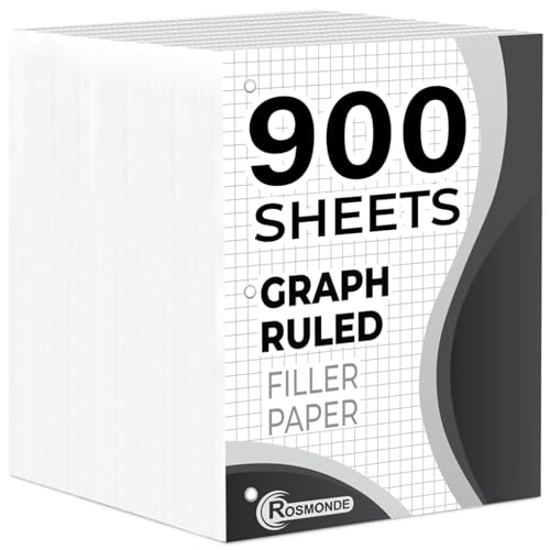 Rosmonde 6 Pack Graph Paper, 900 Sheets, 4x4 Loose Leaf Paper, 8" x 10.5", 3 Hole Punched for Ring Binders, Grid Paper, Thick Graphing Filler Paper, Quad Ruled, Notebook Paper for School & College - size: 6 Pack (900 Sheets)