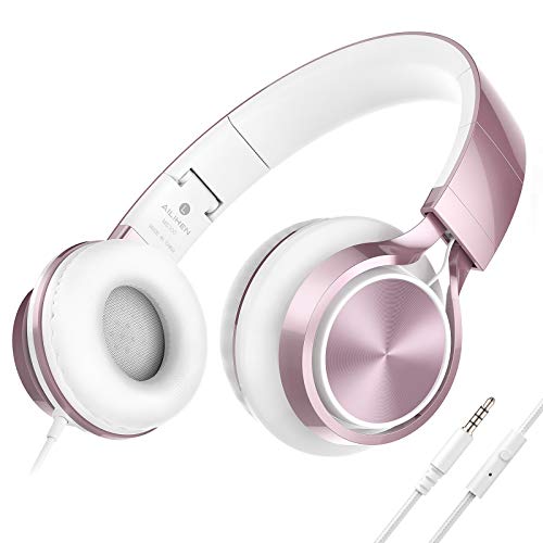 AILIHEN Wired Headphones with Mic, Girls Headphones for School, On-Ear Headsets for Chromebook Laptop Computer, Foldable Adjustable Teen Kids, Plug in Corded Headsets with 3.5mm Jack (Rose Gold) - color: Pink