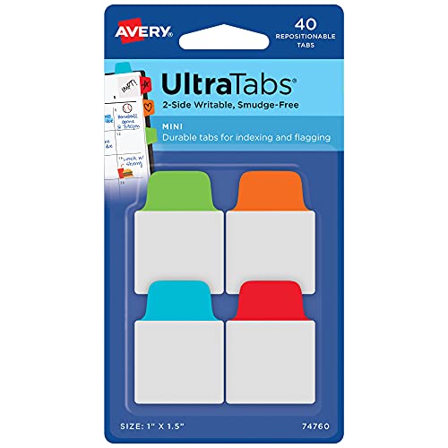 Avery Mini Ultra Tabs, 1" x 1.5", 2-Side Writable, Assorted Primary Colors, 40 Repositionable Tabs (74760) - color: Assorted Colors