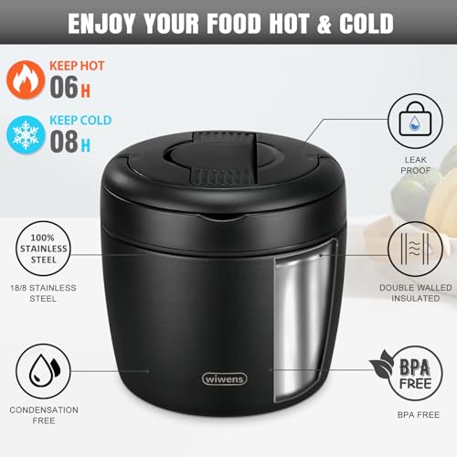 wiwens Thermo Food Jar for Hot Food Adults 32OZ Soup Thermo Lunch Containers Wide Mouth Vacuum Insulated Stainless Steel Leakproof Bento Box with Spoon (Black) - color: Black