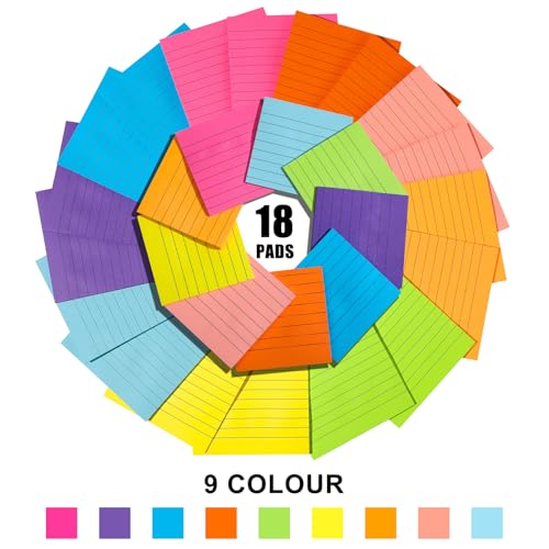 18 Pack Lined Sticky Notes with 6 PCS Gel Pens 9 Bright Colors Self-Stick Note Pads 4x6 & 3x3 Ruled Stickies Super Sticking Power Memo Pads Big Rectangular Notes Pad Its for Office, School, Meeting - size: 9pcs 4x6" +9pcs 3x3" + 6 gel pens