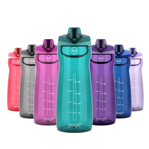 Pogo 64oz Plastic Water Bottle with Leak-Proof Chug Lid and Carry Handle, Reusable, BPA Free, Capacity Markings, Dishwasher Safe, Perfect for Travel, School, Outdoors, and Gym, Teal - color: Teal, size: 64 Ounces