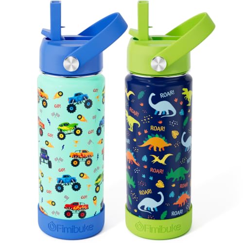 Fimibuke Kids Insulated Water Bottle, 18oz BPA FREE Kids Cup with Straw Double Wall Vacuum Travel Tumbler 18/8 Stainless Steel Leak Proof Toddler Water Bottle for School Boys Girls, 2 Pack - color: Dinosaur & Monster Trucks