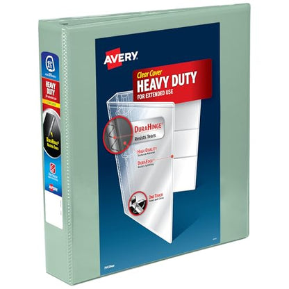 Avery Heavy-Duty View 3 Ring Binder, 1.5 Inch One Touch Slant Rings, 375-Sheet Capacity, DuraHinge, 2.1 Inch Wide Spine, Customizable Clear Cover and Spine, 1 Pastel Sage Green Binder (79819) - size: 0