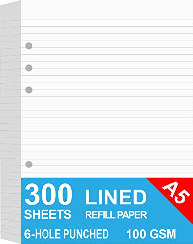 (3-Pack) A5 Lined Refills Paper for Filofax Planner/Binders/Organizer, 6 Hole Punched Loose Leaf Paper, Total 300 Sheets/600 Pages, 100gsm, White, 148 x 210mm - size: 300 Sheets