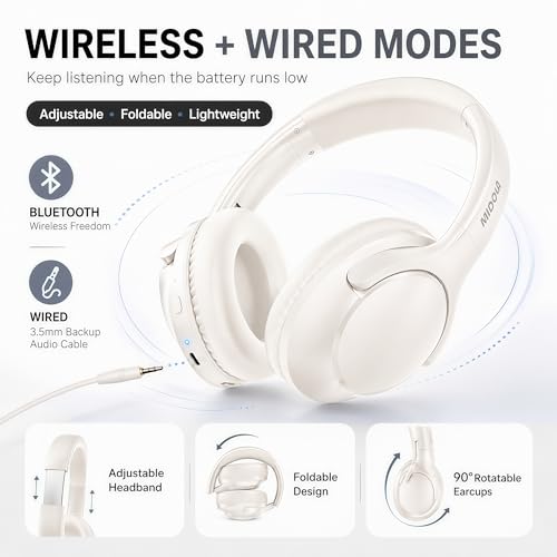 MIDOLA Bluetooth Headphones Over Ear, 68H Playtime Wireless Headphones with Microphone, 6 EQ Modes, HiFi Stereo Deep Bass, Foldable Lightweight Headset for Home Office, Cellphone, PC, White - color: White