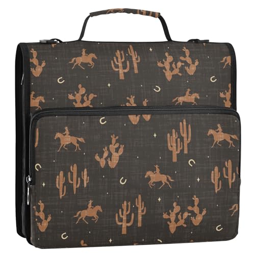 Western Cowboy Black Zipper Binder Bag 3 Ring with Shoulder Strap Zippered Binder Fits 13 Inch Laptop File Folder Document Organizer for College Office Supplies - color: Western Cowboy Black