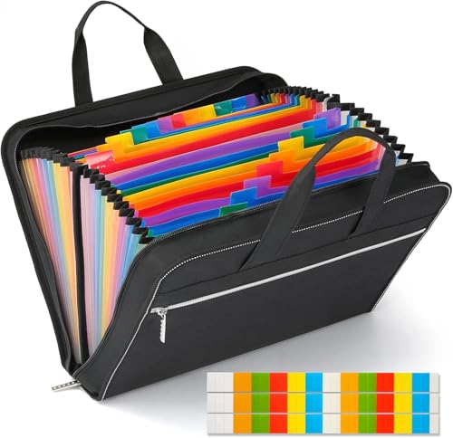 26 Pockets Expanding File Folder with Handle & Zipper, Portable A4/Letter Size Accordion File Organizer, Waterproof Document Organizer Bag for Office, School, Business Travel, Home - Black