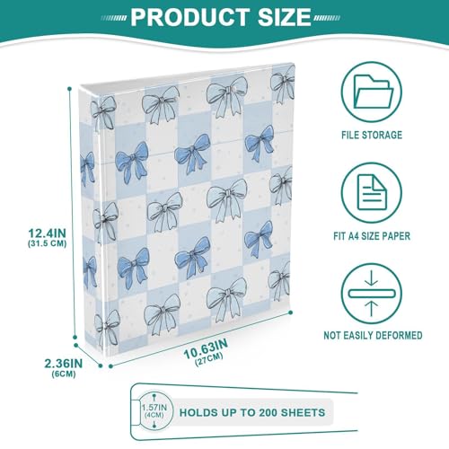 Checkered Bg Cute Blue Bow Binder 3 Ring 1.5 Inch Binder with Clipboard&Pockets, Hardcover Binders Heavy Duty Large File Folder for Office School Supplies - Holds 200 Sheets - color: Cute Blue Bow on Plaid Bg, size: 1 Pack-12.4x10.63in