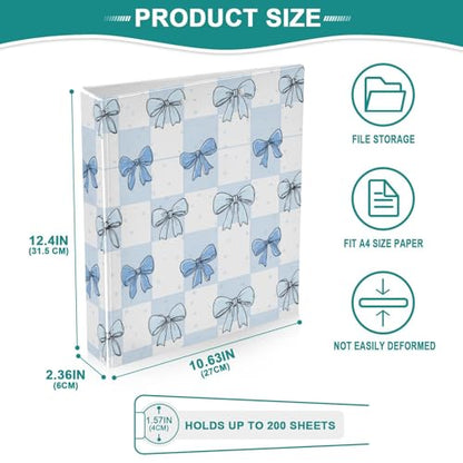 Checkered Bg Cute Blue Bow Binder 3 Ring 1.5 Inch Binder with Clipboard&Pockets, Hardcover Binders Heavy Duty Large File Folder for Office School Supplies - Holds 200 Sheets - color: Cute Blue Bow on Plaid Bg, size: 1 Pack-12.4x10.63in
