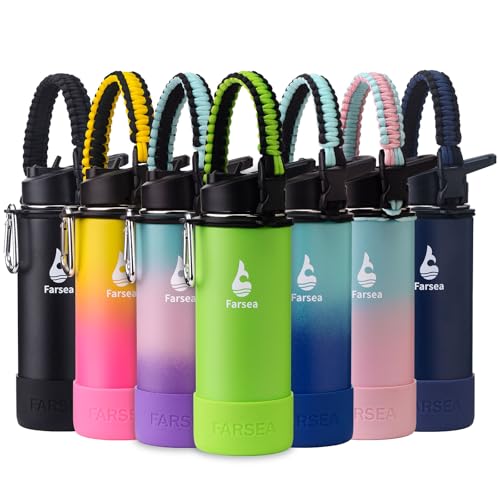 Farsea Insulated Water Bottle With Paracord Handle, Protective Boot and 2 Lids (Straw Lid & Spout Lid), Stainless Steel Water Bottle Wide Mouth, Double Wall Sweat-Proof BPA-Free, 18 oz - color: Lemon Green, size: 18 Ounces