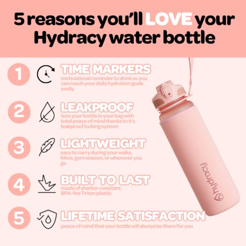 Hydracy Water Bottle with Time Marker -Large 32oz BPA Free & No Sweat Sleeve -Leak Proof Gym Bottle with Fruit Infuser Strainer & Times to Drink -Ideal for Fitness Sports & Outdoors | BPA-Free Tritan, Leakproof Flip-Top Lid,No-Sweat Sleeve,Carry Strap,Dai