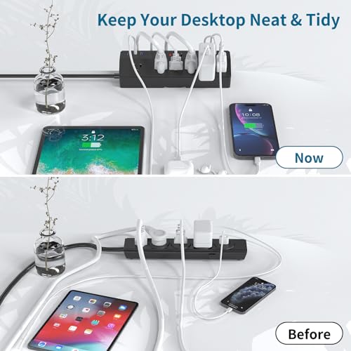 Desk Clamp Power Strip 2 USB C Desktop Mount Outlet Charging Station, 10FT Extension Cord Flat Plug with 6 AC, Removable 40W Fast Charging Surge Protector Power Strip Fits 1.8" Office Tabletop Edge