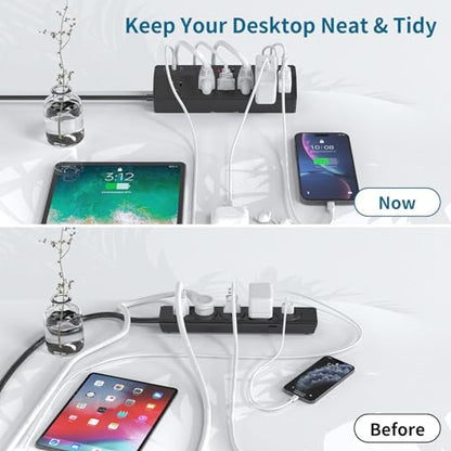 Desk Clamp Power Strip 2 USB C Desktop Mount Outlet Charging Station, 10FT Extension Cord Flat Plug with 6 AC, Removable 40W Fast Charging Surge Protector Power Strip Fits 1.8" Office Tabletop Edge