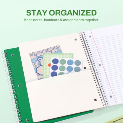 SUNEE Spiral Notebook, 1-Subject, College Ruled Paper, 8" x 10-1/2", 100 Sheets per Notebook, 3-Hole Punched Paper, Water Resistant Cover, Double-sided Pockets, Dark Green - color: Dark Green