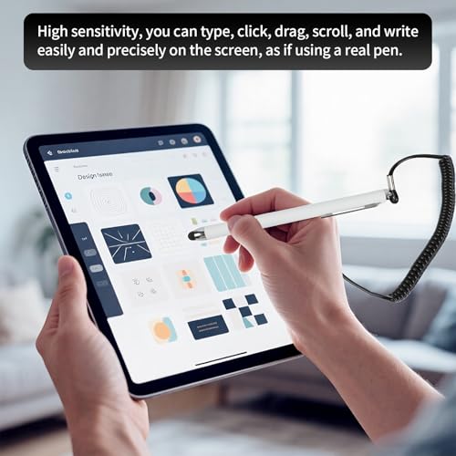 Stylus Pen with Holder and Spring Tether – 6mm Soft Tip Touch Screen Pen for Capacitive Screens, Anti-Loss Stylus with Dock for iPad Android Tablets Laptop Car GPS – No Bluetooth or Battery Needed