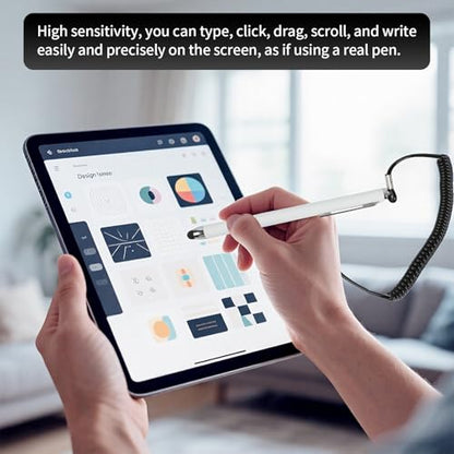 Stylus Pen with Holder and Spring Tether – 6mm Soft Tip Touch Screen Pen for Capacitive Screens, Anti-Loss Stylus with Dock for iPad Android Tablets Laptop Car GPS – No Bluetooth or Battery Needed