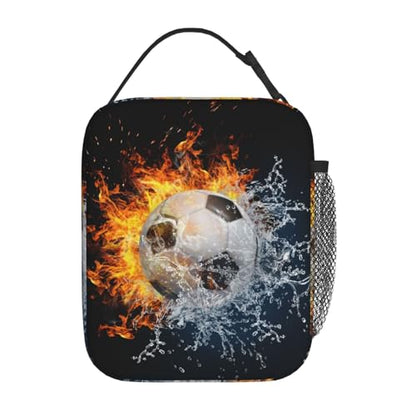Insulated Durable Football Lunch Box with Shoulder Strap, Kids Adult Fire And Water Soccer School Lunch Bag, Lunch Tote Box Bag for Office School Picnic Beach Travel - color: Football