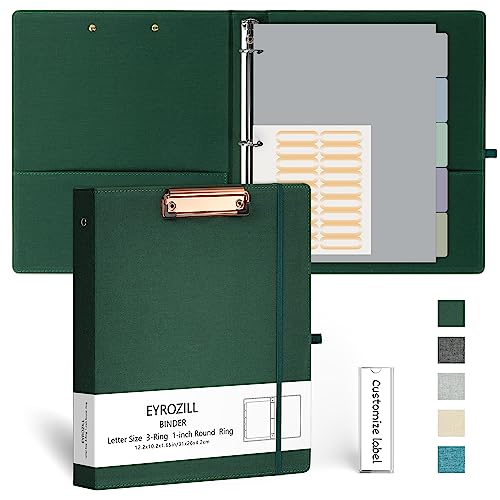 EYROZILL 3 Ring Binder, 1 Inch Linen Binder Organizer for Letter Size (8.5" x 11") with 5 Tab Dividers, File Folder Labels and Low Profile Clipboards, School and Office Supplies-Blackish Green - color: Blackish Green, size: ‎Letter Size - 1 Inch