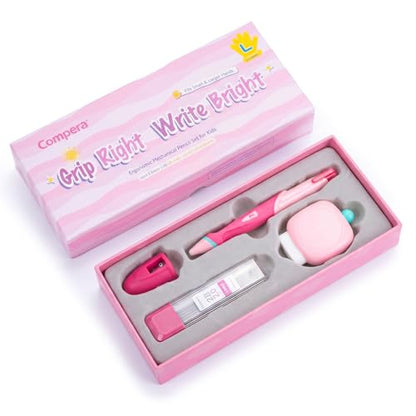 Ergonomic Pencil Set, 2.0mm HB Mechanical Pencils for Kids, School Supplies Include Sharpener, Eraser & 6 Extra Leads – Handwriting Aid for Preschool, Kindergarten, Homes, Pink, L - color: Pink