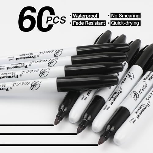 Buecs Permanent Markers, 60 Count Black Permanent Markers, Fine Point, Waterproof & Smear Proof Markers, Quick Drying, Office Supplies for School, Office, Home