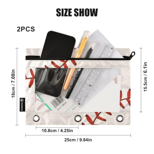 Gredecor 3 Ring Binder Pencil Pouch, Basebal Laces (2) Zippered Pen Case Pouches with Clear Window, 2 Pack Stylish Office & School Supplie - color: Basebal Laces (2)