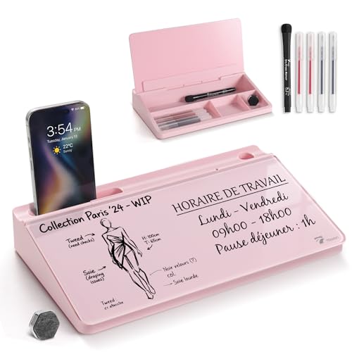 TOWON Compact Glass Desktop Whiteboard with Storage 12x7 in, Pink | Aesthetic dry erase surface, 5 markers, eraser and holder included, for the office, home or school desk - color: Pink
